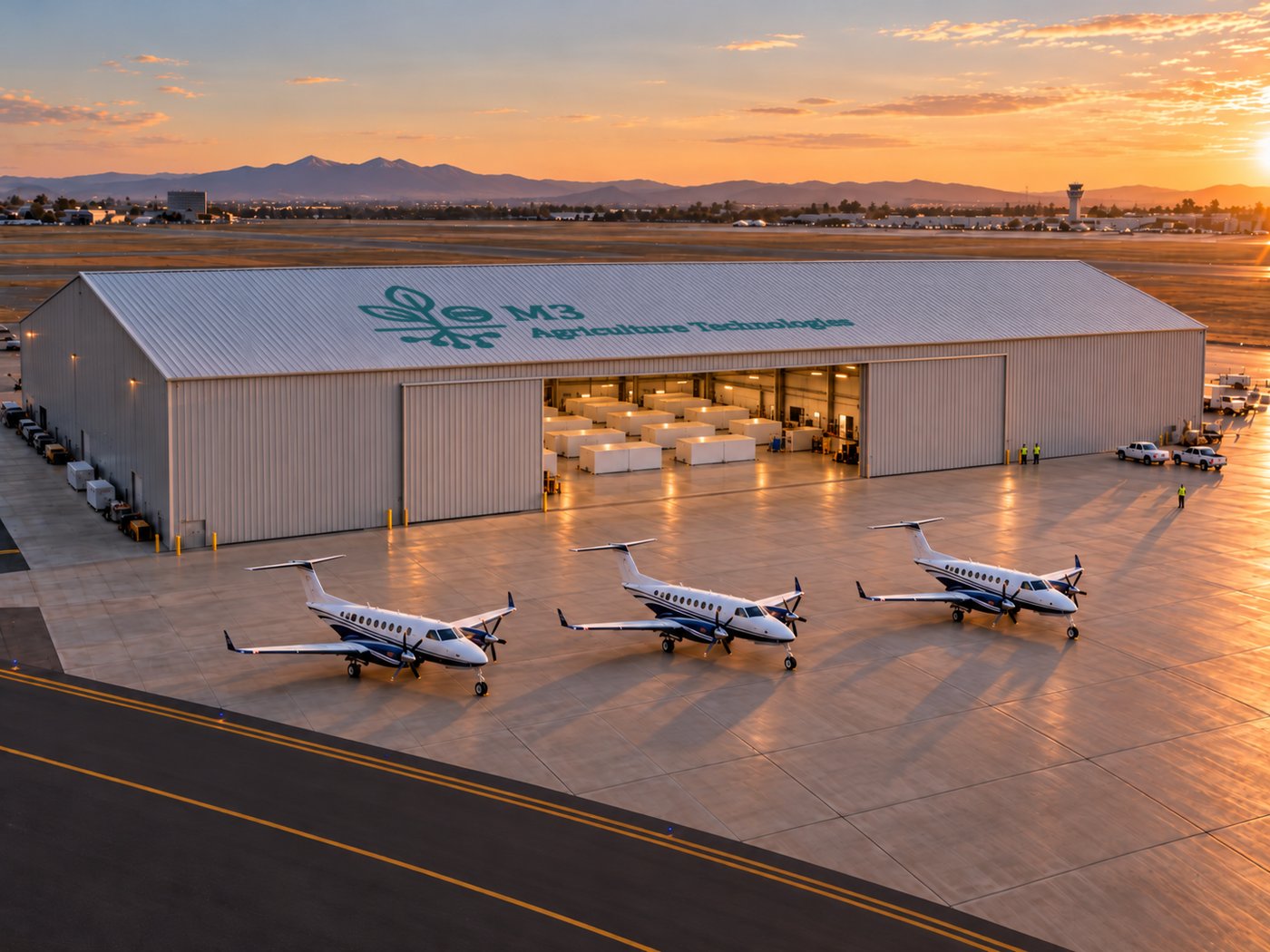 Concept rendering of a hangar at sunset with the M3 logo on its roof, production modules inside, and three aircraft on the apron