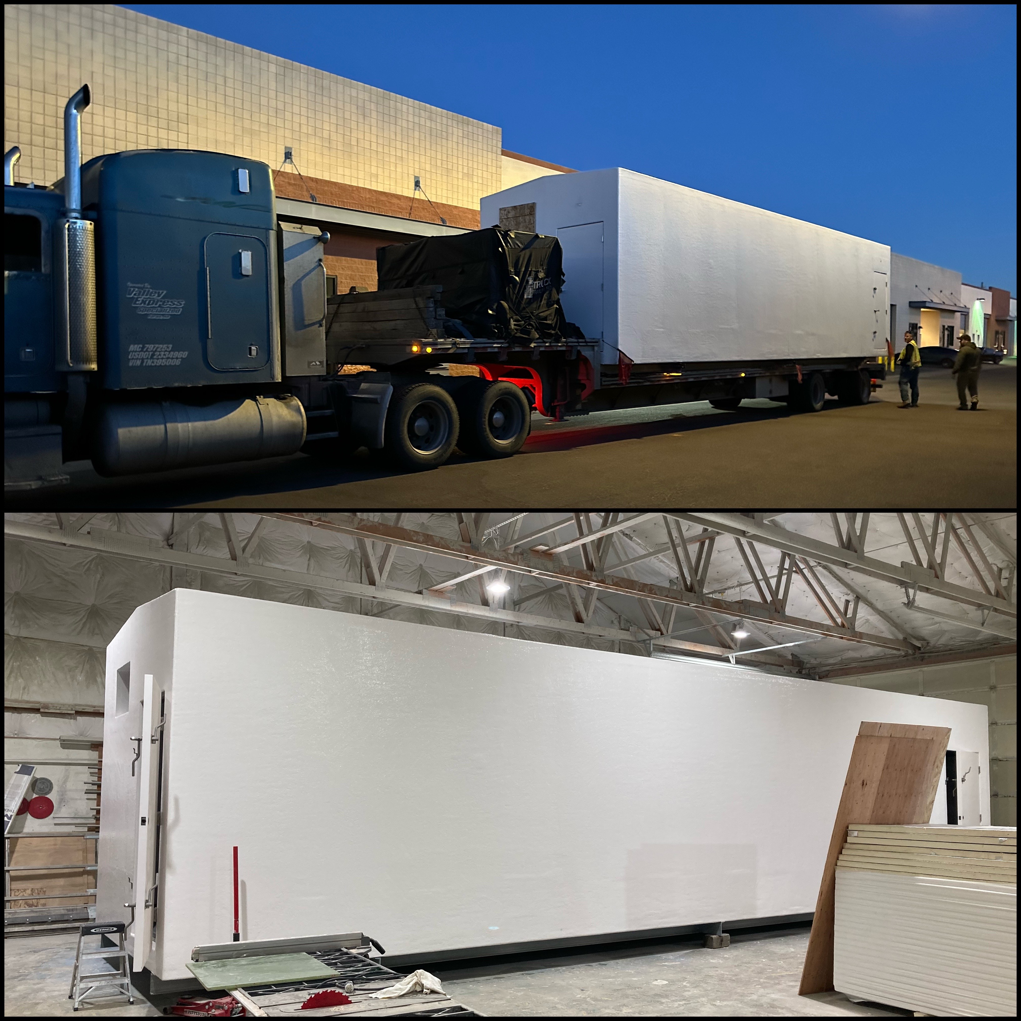 A truck unloading a large, white modular unit at a facility, with workers overseeing the process; the interior shows a similar white structure under construction.